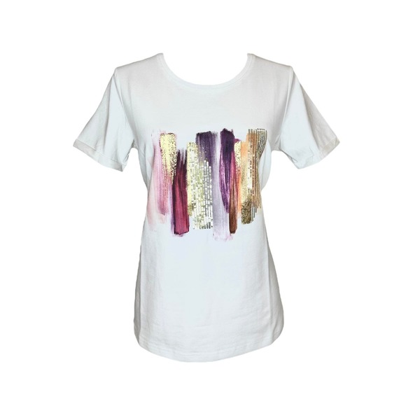 Women's Sequin Graphic Tee Size XS Pink Brush Stroke White Cotton T-Shirt NWT - Picture 4 of 4